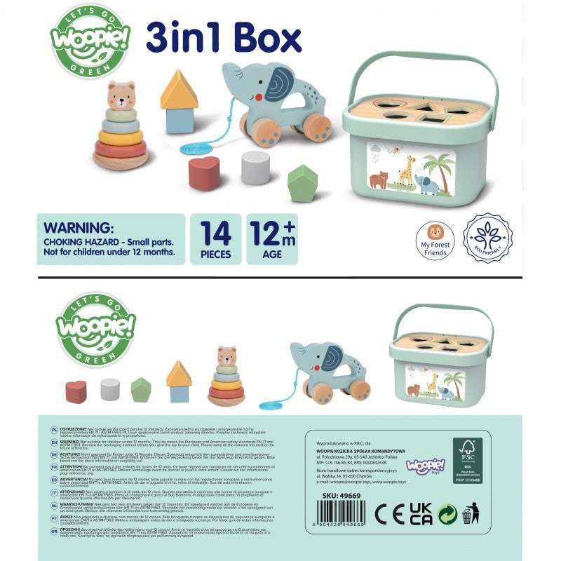3in1 Toy Box - Sorting Blocks, Stackable Pyramid and Elephant On