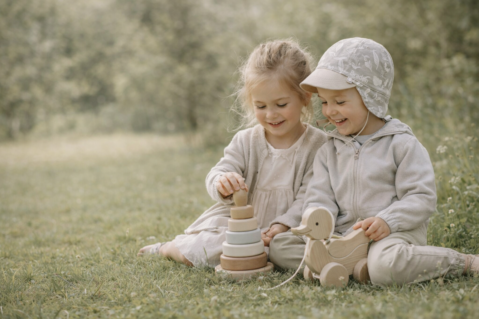 Two children playing together outdoors in spring, natural light kids play and interaction